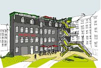 LOGIK & CO- Illustrationer af tagpark og altaner på medborgerhuset Folkets Hus 